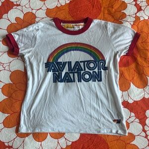 Aviator Nation White Ringer Tee with Red Trim and Rainbow Graphic